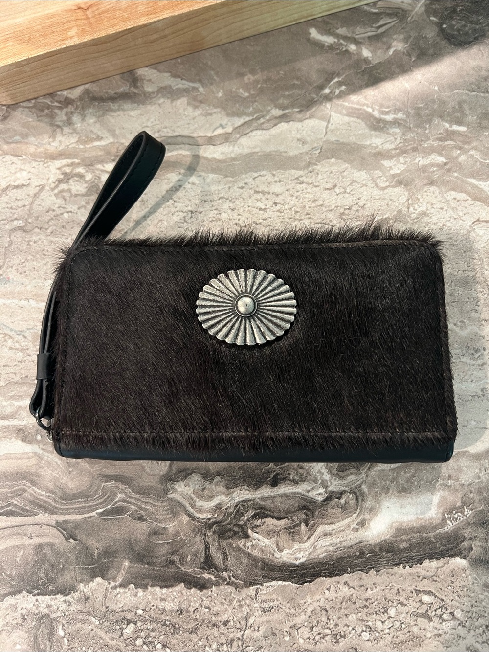 Idyllwind Black Haircalf Wristlet Wallet with Silver Concho